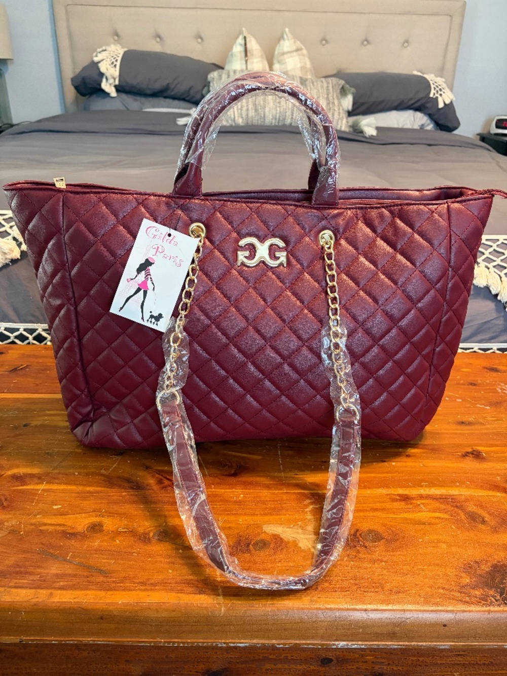 New with Tags Gilda Paris Wine Quilted Large Tote Bag